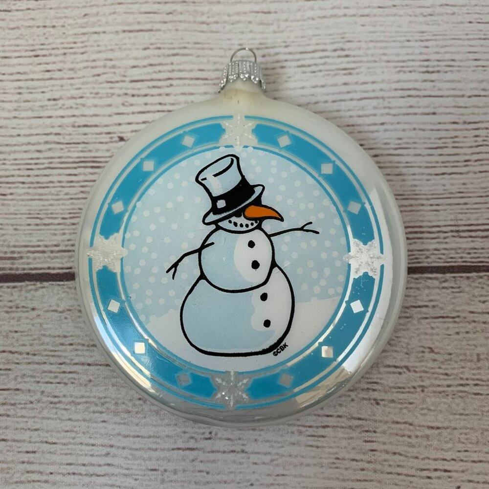 Vintage Glass Snowman Christmas Ornament by CBK Round Flat White Blue 4 1/4"